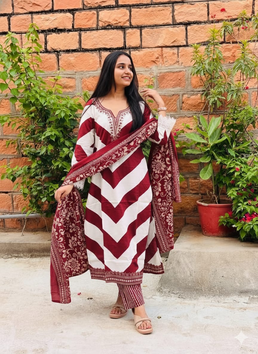 Red & White Chevron Printed Cotton Kurti Set with Dupatta for Women
