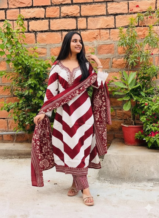 Red & White Chevron Printed Cotton Kurti Set with Dupatta for Women