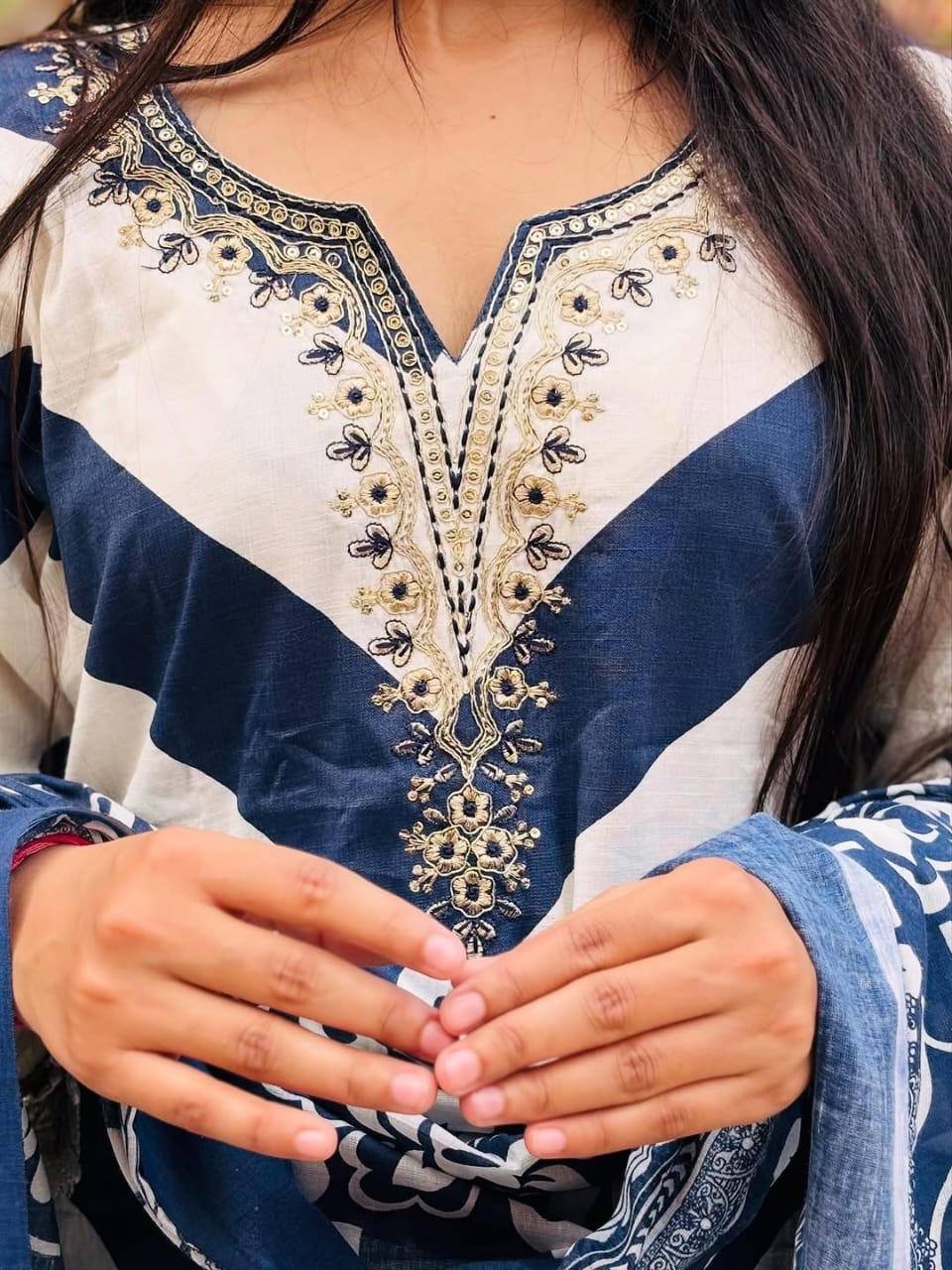 Blue & White Chevron Printed Cotton Kurti Set with Dupatta for Women