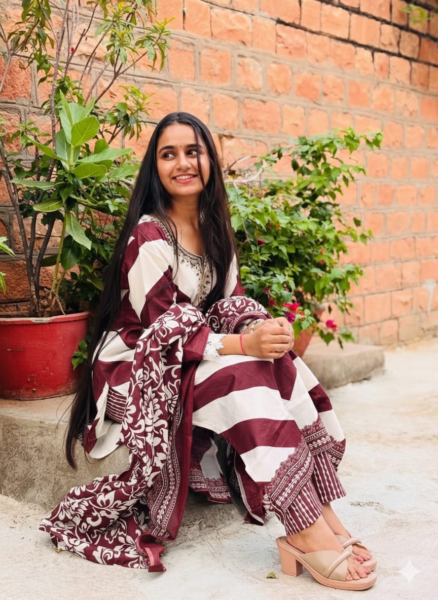Red & White Chevron Printed Cotton Kurti Set with Dupatta for Women