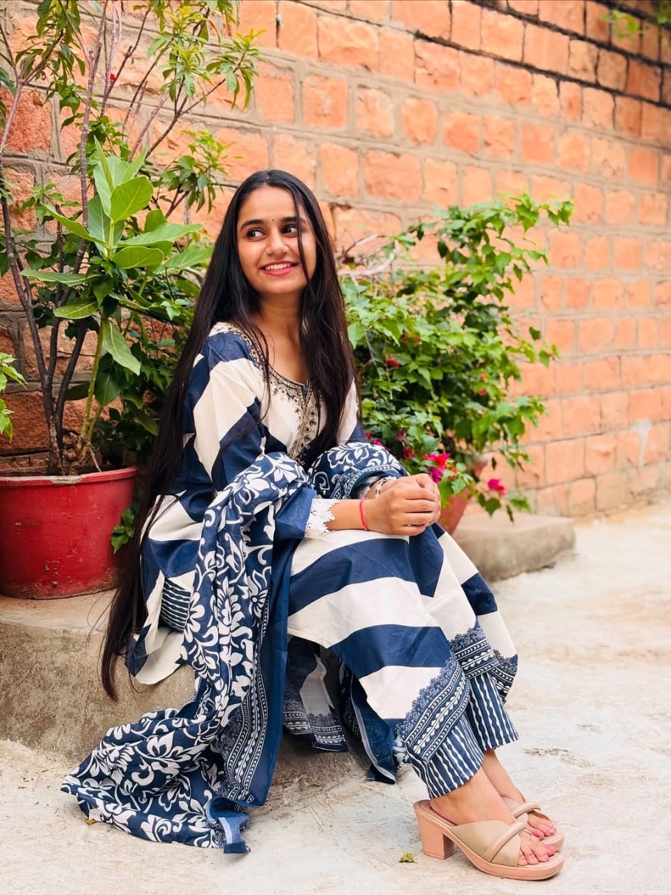 Blue & White Chevron Printed Cotton Kurti Set with Dupatta for Women