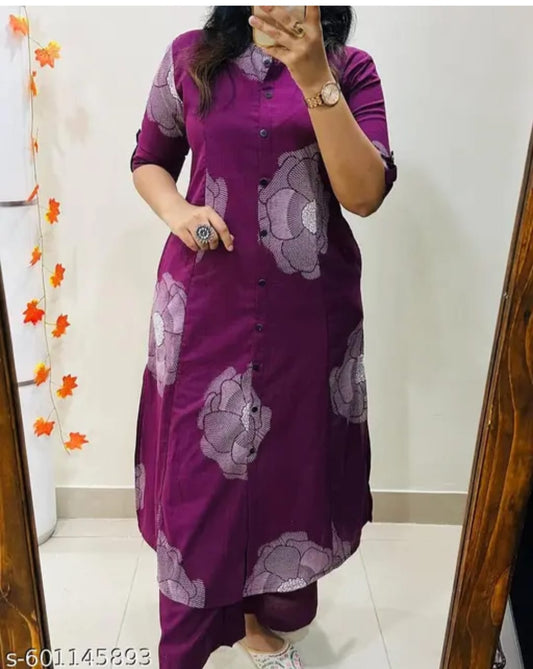 Wine Purple Floral Printed Cotton Kurti Set with Pants for Women