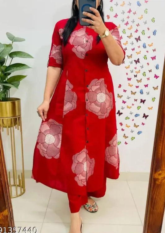 Red Floral Printed Cotton Kurti Set with Pants for Women
