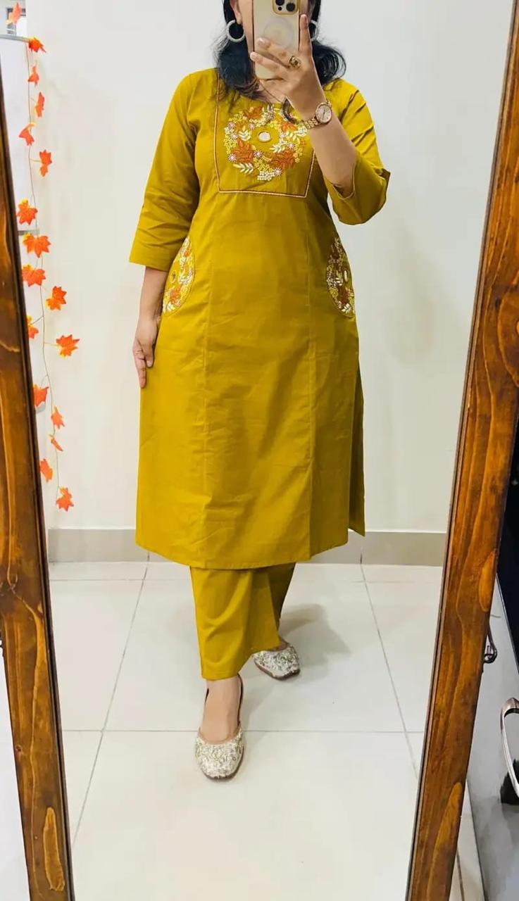Mustard Yellow Cotton Embroidered Kurti Set with Pants for Women