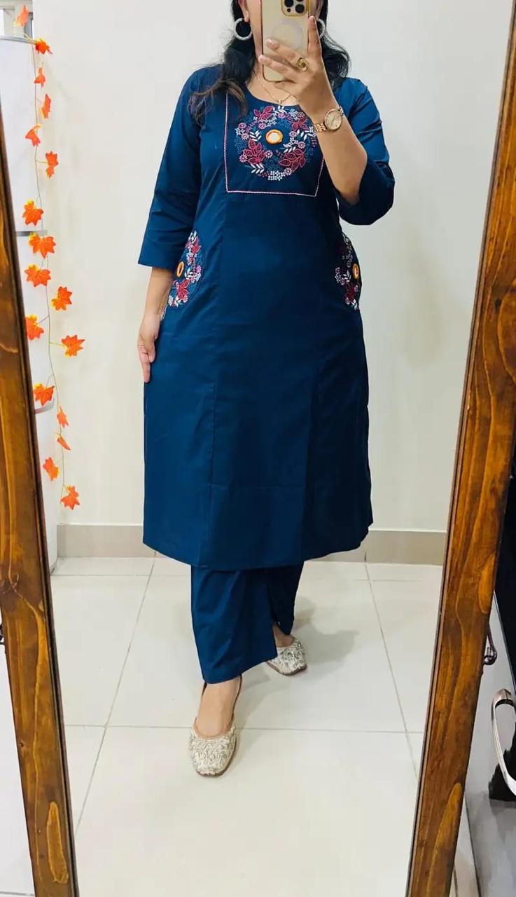 Blue Cotton Embroidered Kurti Set with Pants for Women