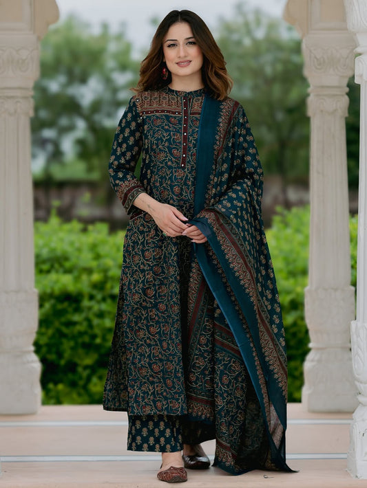 Premium Teal Printed Kurta Set with Dupatta (3-Piece)