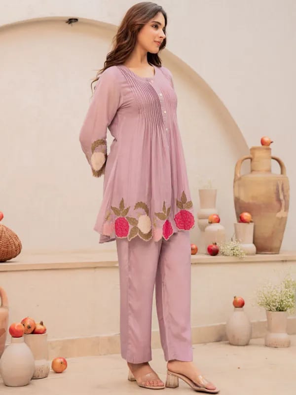 Pruple Blossom Embroidered Kurta Set