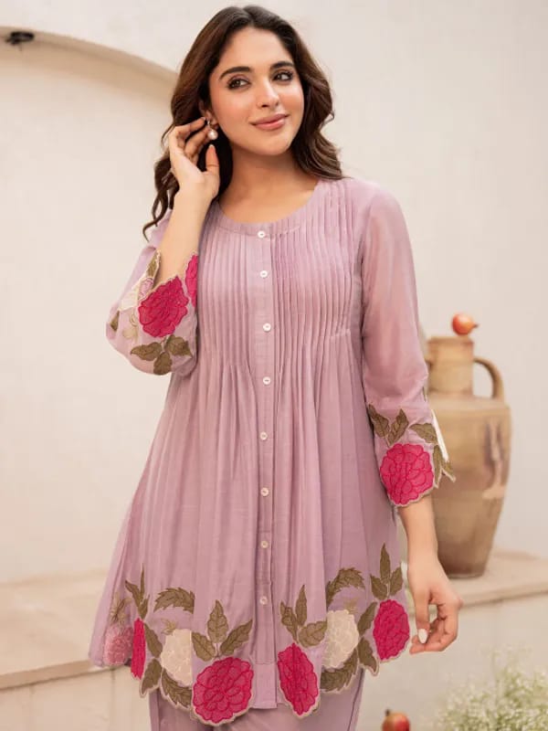 Pruple Blossom Embroidered Kurta Set