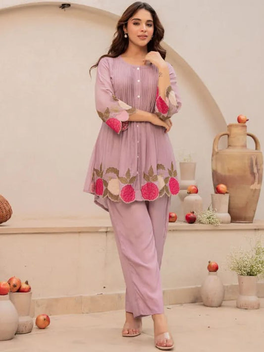 Pruple Blossom Embroidered Kurta Set