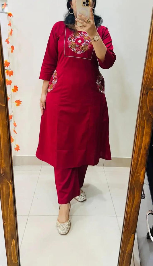 Red Cotton Embroidered Kurti Set with Pants for Women