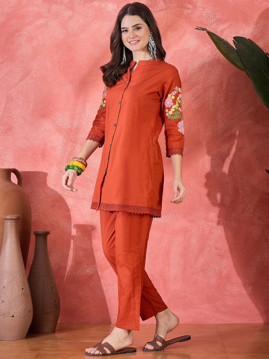Rust Floral Embroidered Cotton Tunic with Trousers Co-Ords