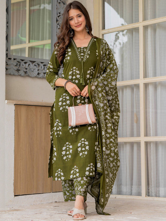 Women Floral Printed Regular Thread Work Pure Cotton Kurta with Palazzos & With Dupatta