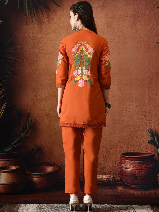 Rust Orange Embroidered Tunic With Trousers Co-Ords