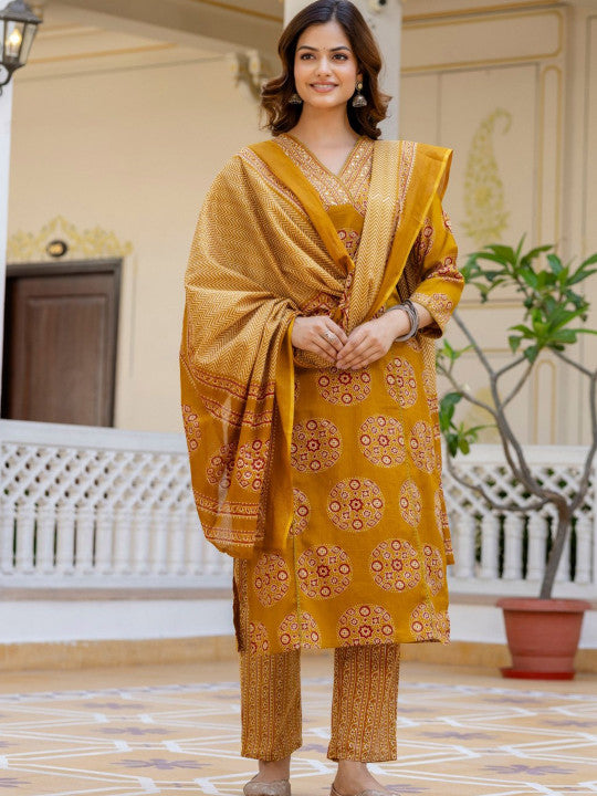Yellow Floral Printed V-Neck Mirror Work Pure Cotton Kurta with Palazzos & Dupatta