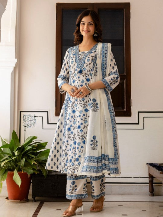 Blue Women Floral Printed Cotton Kurta with Palazzo & Dupatta