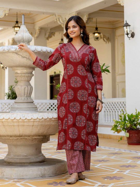 Maroon Women Printed Regular Mirror Work Pure Cotton Kurta with Palazzos & With Dupatta
