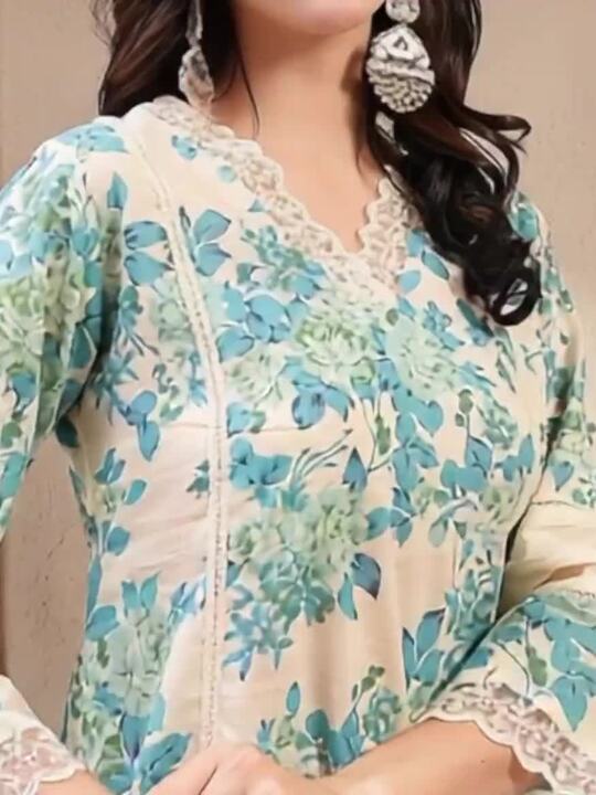 Women Printed V-Neck Cotton Tunic and Trousers Co-Ords