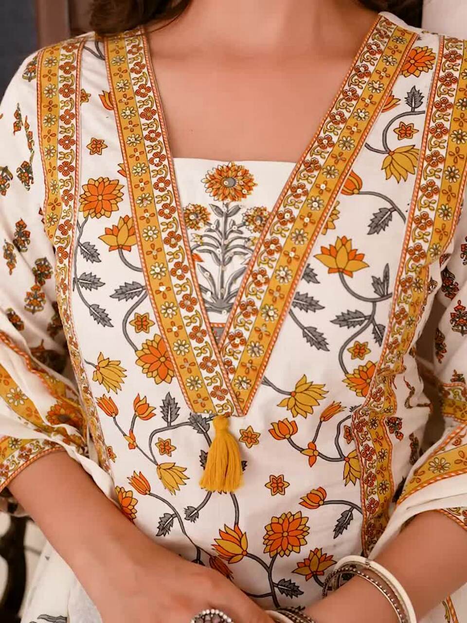 Yellow Floral Printed Bagru Pure Cotton Kurta with Palazzos & Dupatta