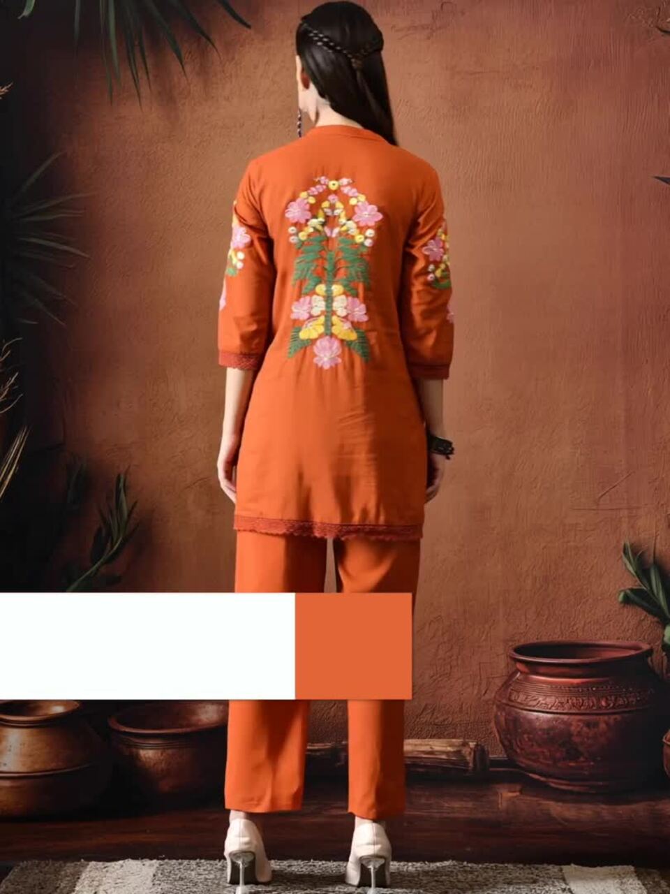 Rust Orange Embroidered Tunic With Trousers Co-Ords