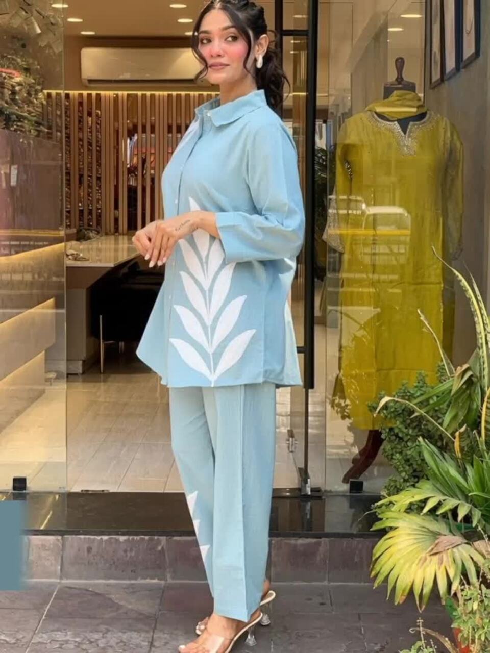 Floral Embroidered Shirt Collar Shirt & Trousers