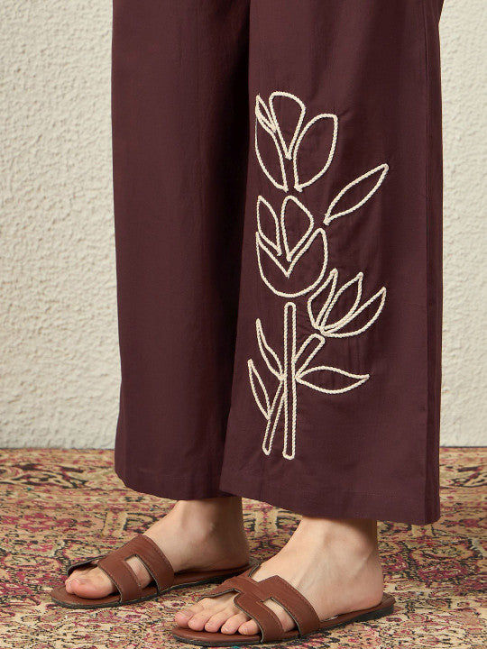 Brown Embroidered Tunic With Trousers Co-Ords