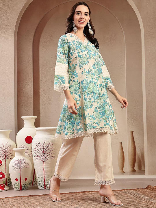 Women Printed V-Neck Cotton Tunic and Trousers Co-Ords