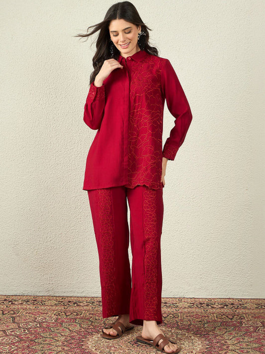 Embroidered Silk Blend Shirt Collar Romantic Florals Co-Ords