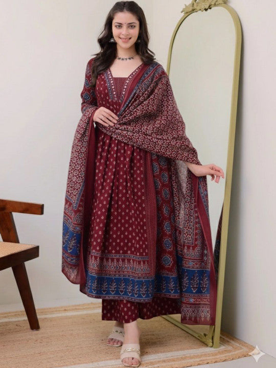 Floral Printed Square Neck Anarkali Kurta With Palazzos & Dupatta